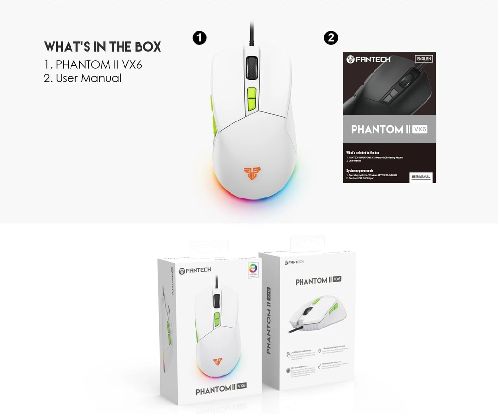 Fantech VX6 PHANTOM II Gaming Mouse – Optical Sensor 7,200 DPI (white)