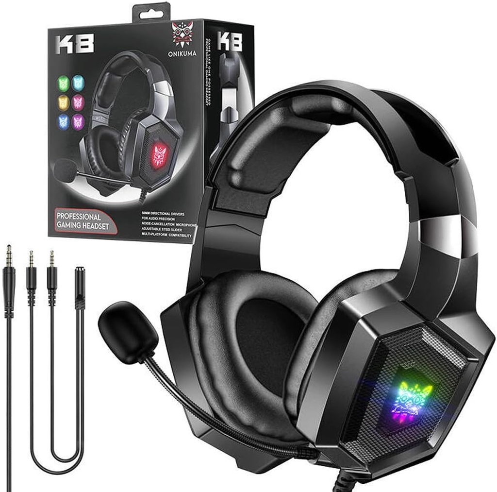 ONIKUMA K8 Gaming Headset Stereo PS4 Headset with Flexible 360°Mic Surround Sound Over-Ear Xbox one Headset with Noise Cancelling Gaming Headphone LED Lights Volume Mute Control for Phones Laptop Mac PC