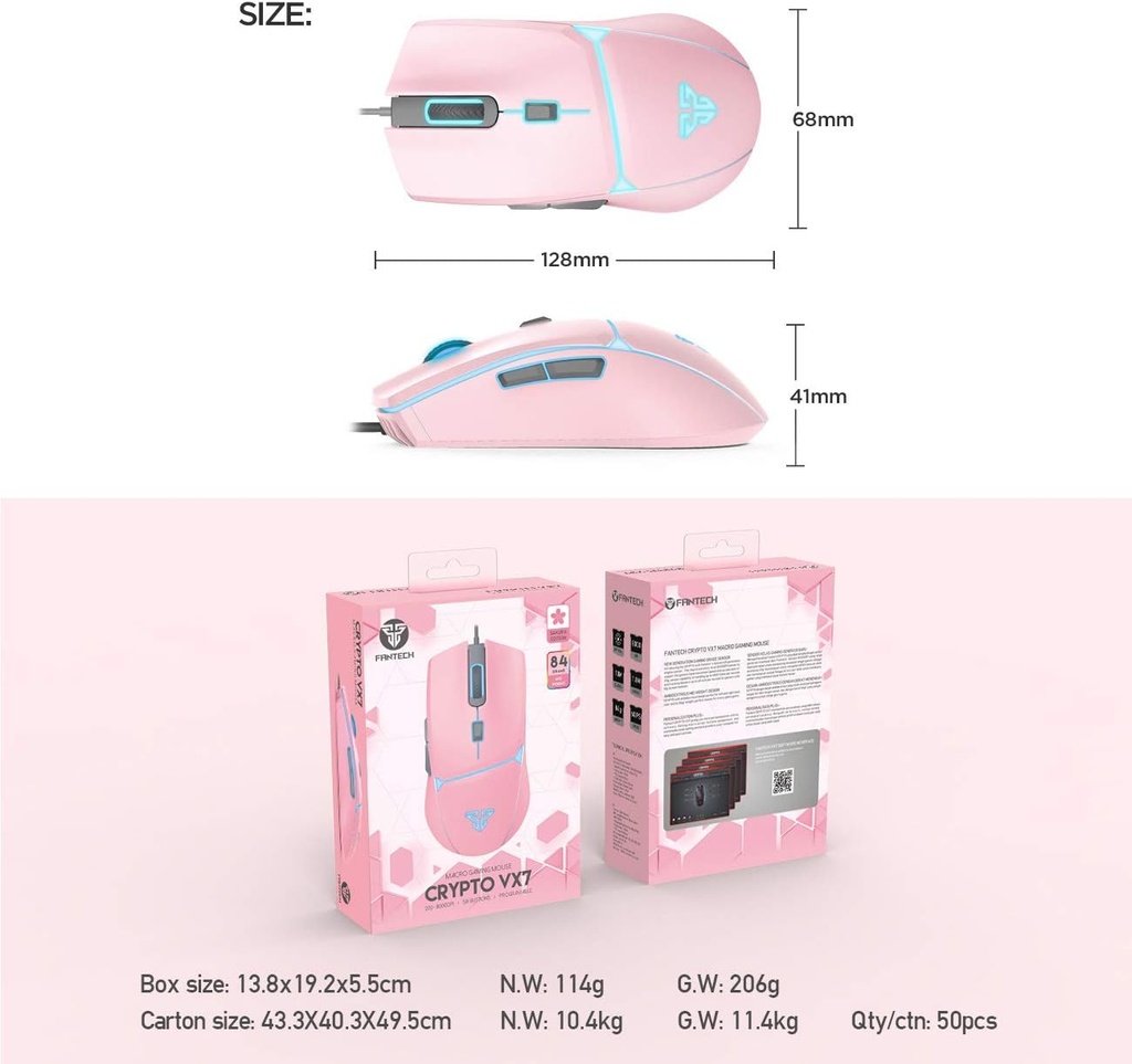Fantech VX6 PHANTOM II Gaming Mouse – Optical Sensor 7,200 DPI (Pink)
