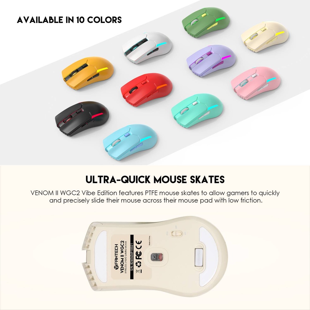 FANTECH VENOM II WGC2 VIBE EDITION Wireless 2.4Ghz Gaming Mouse With Rechargeable Battery Pink-Red-Purple-Blue-yellow-green