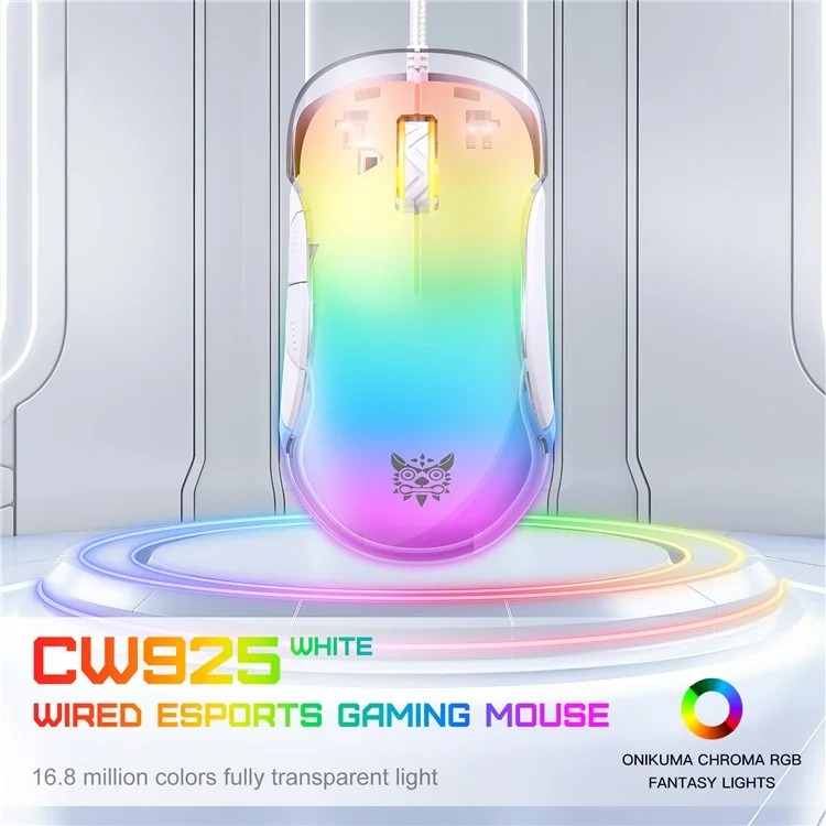 ONIKUMA CW925 RGB Backlit Wired Gaming Mouse, Up to 12800 DPI, Light weight, Transparent white