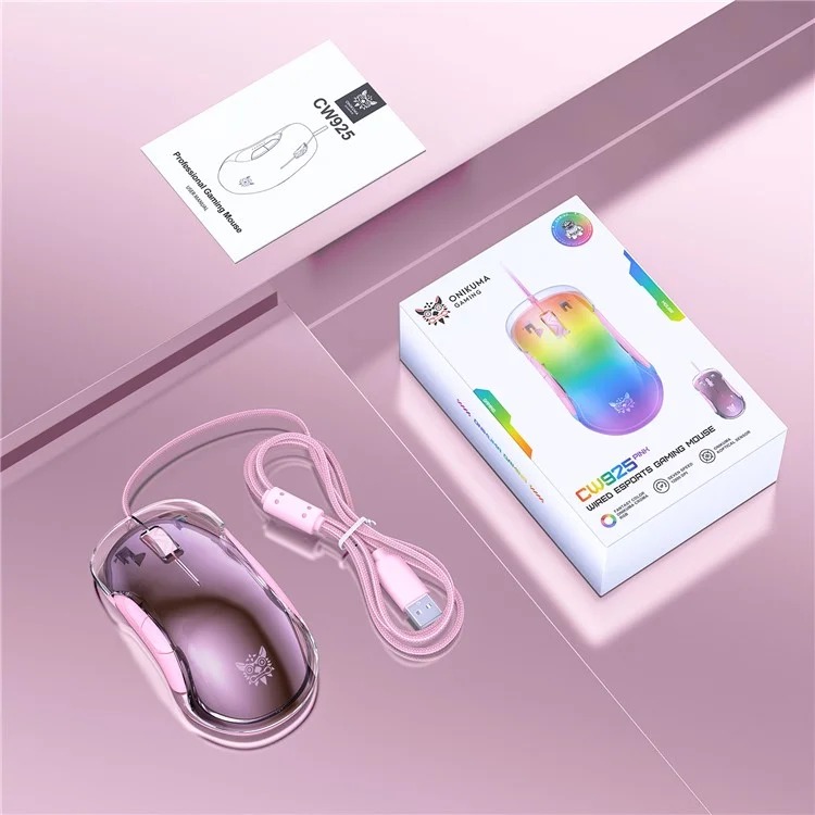 ONIKUMA CW925 RGB Backlit Wired Gaming Mouse, Up to 12800 DPI, Light weight, Transparent pink