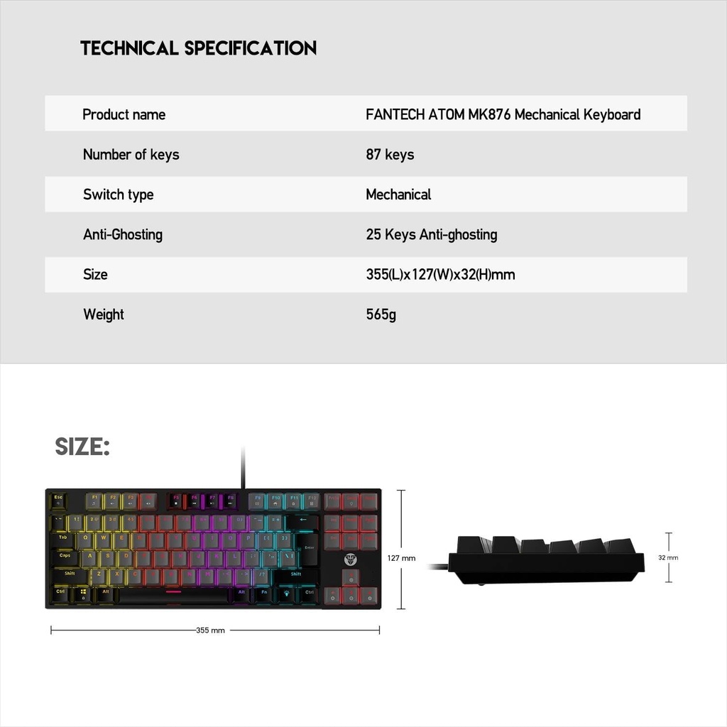 FANTECH MK876V2 ATOM87 RGB MECHANICAL KEYBOARD SUMI EDITION - GREY