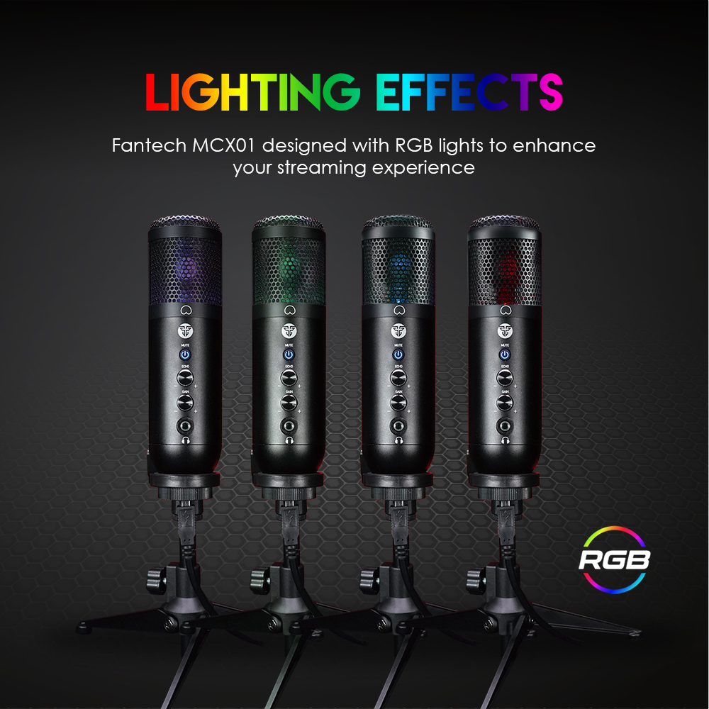 Fantech MCX01 Leviosa Professional Condenser Microphone - Cardioid Polar Pattern - RGB Illumination - USB Interface - Easy Adjustable Tripod - Pop Filter