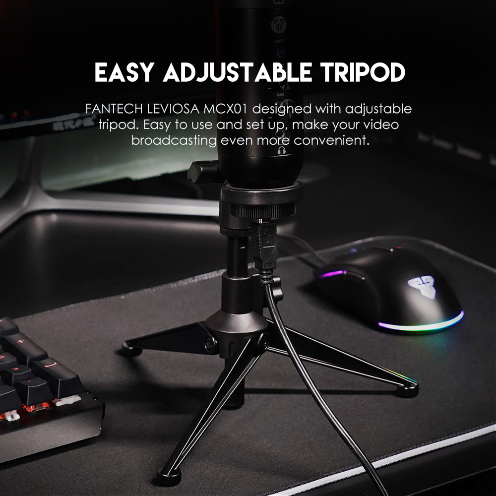 Fantech MCX01 Leviosa Professional Condenser Microphone - Cardioid Polar Pattern - RGB Illumination - USB Interface - Easy Adjustable Tripod - Pop Filter