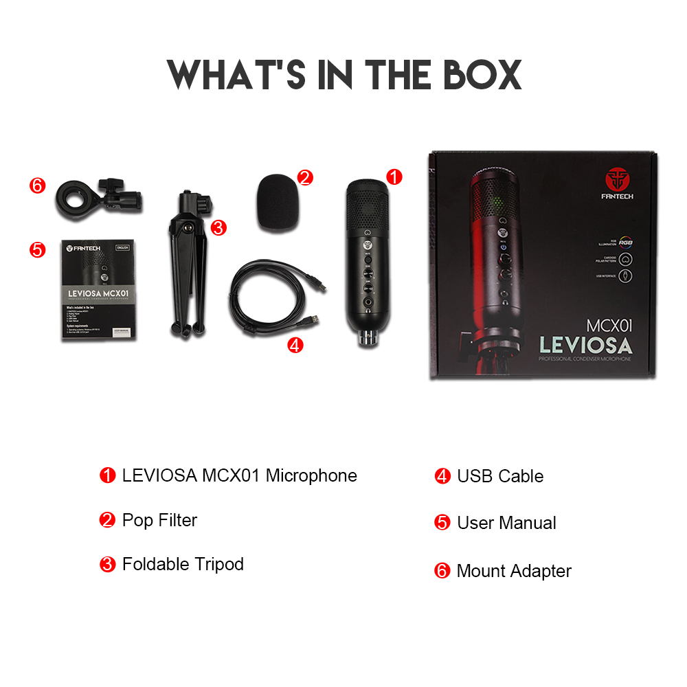 Fantech MCX01 Leviosa Professional Condenser Microphone - Cardioid Polar Pattern - RGB Illumination - USB Interface - Easy Adjustable Tripod - Pop Filter