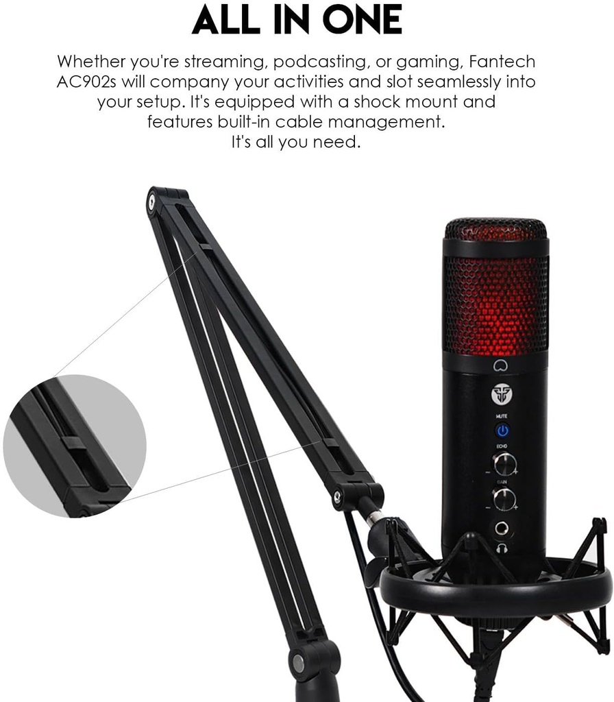 FANTECH AC902s Microphone Stand Boom Arm - Total Length : 80cm - Maximum Weight Hold : 2kg - Desktop Mount : C-clamp