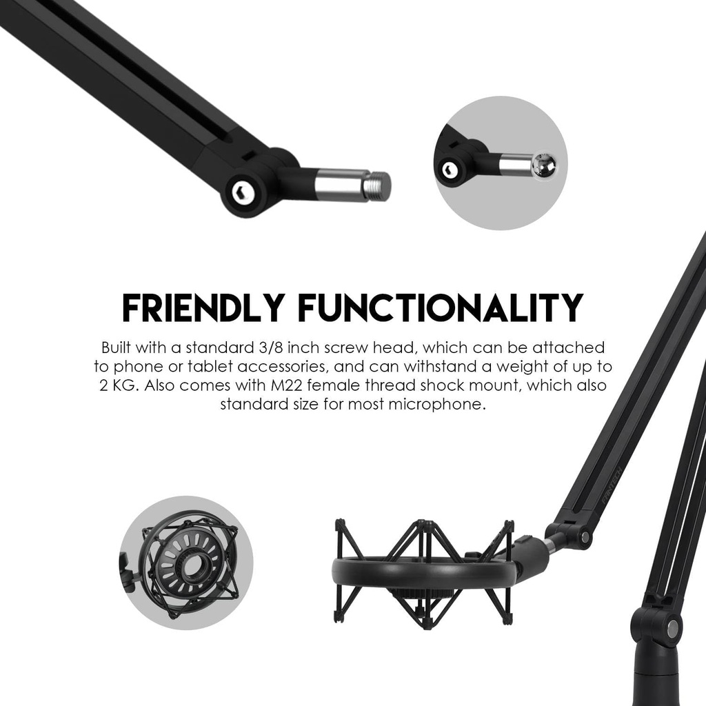 FANTECH AC902s Microphone Stand Boom Arm - Total Length : 80cm - Maximum Weight Hold : 2kg - Desktop Mount : C-clamp