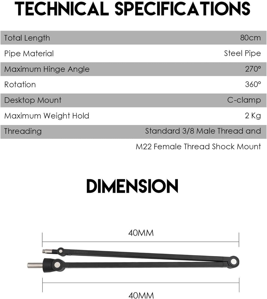 FANTECH AC902s Microphone Stand Boom Arm - Total Length : 80cm - Maximum Weight Hold : 2kg - Desktop Mount : C-clamp
