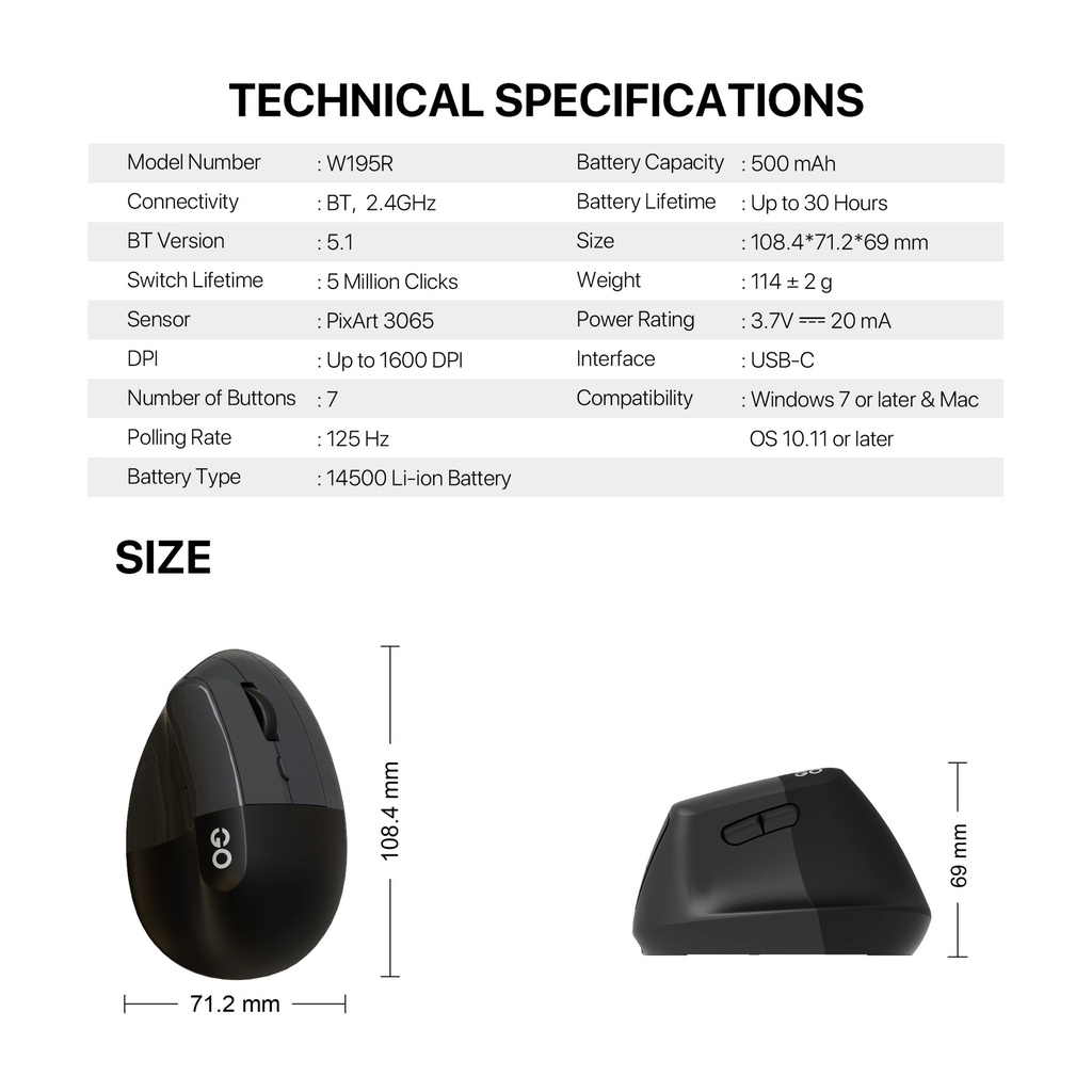 Fantech W195R and W195 GO Comfy Mouse Vertical Ergonomic Design Wireless & Bluetooth Connection Compact Mouse
