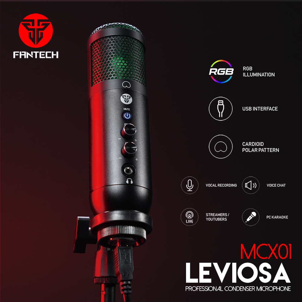 Fantech MCX01 Leviosa Professional Condenser Microphone - Cardioid Polar Pattern - RGB Illumination - USB Interface - Easy Adjustable Tripod - Pop Filter