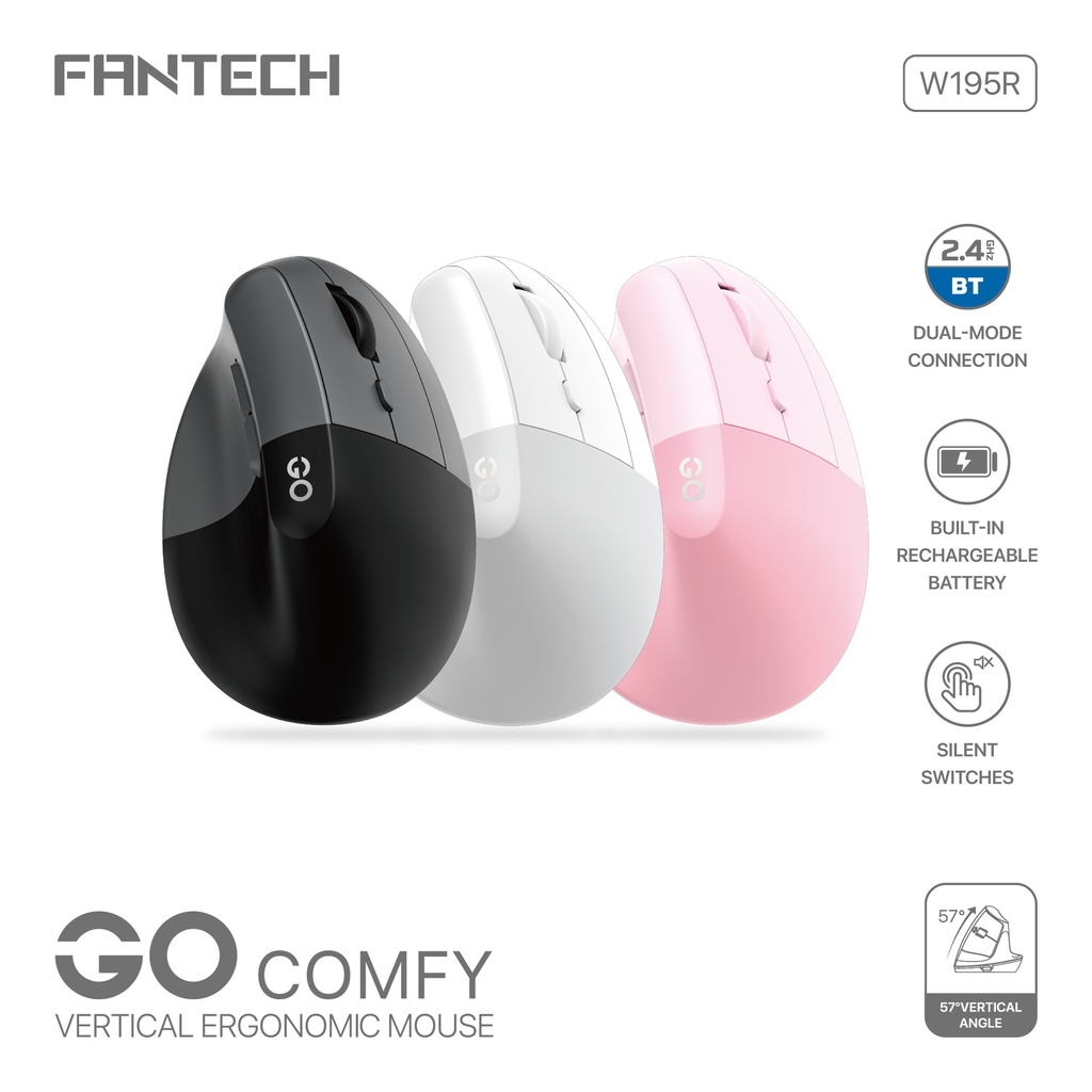 Fantech W195R and W195 GO Comfy Mouse Vertical Ergonomic Design Wireless & Bluetooth Connection Compact Mouse