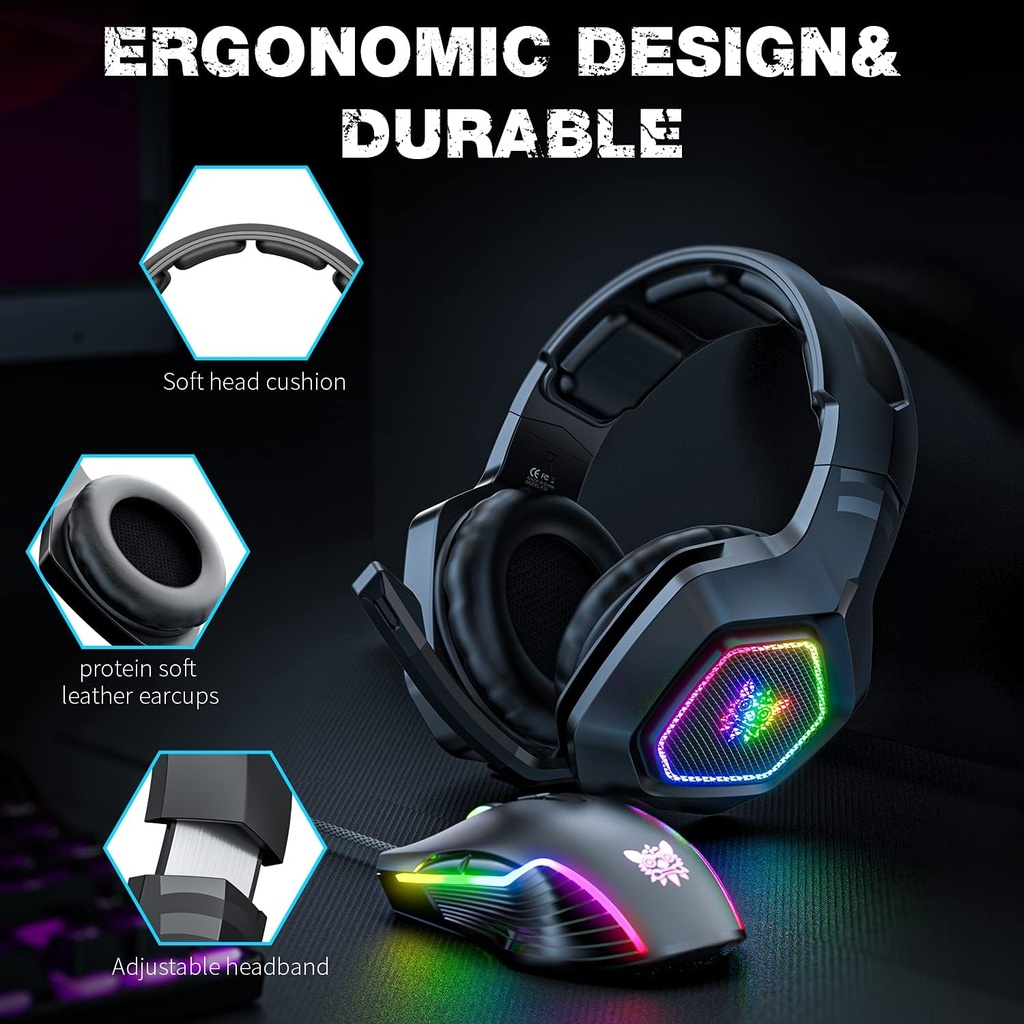 Onikuma K10 7.1 medium surround sound with led light & noise reduction mic, usb output jack black, Wired, Black