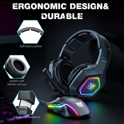 [HP-07-05] Onikuma K10 7.1 medium surround sound with led light & noise reduction mic, usb output jack black, Wired, Black